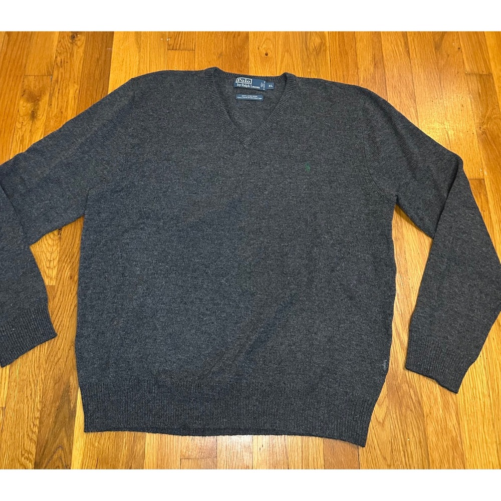 Polo Ralph Lauren Mens XL Lambswool Sweater Charcoal Gray V Neck Green Pony